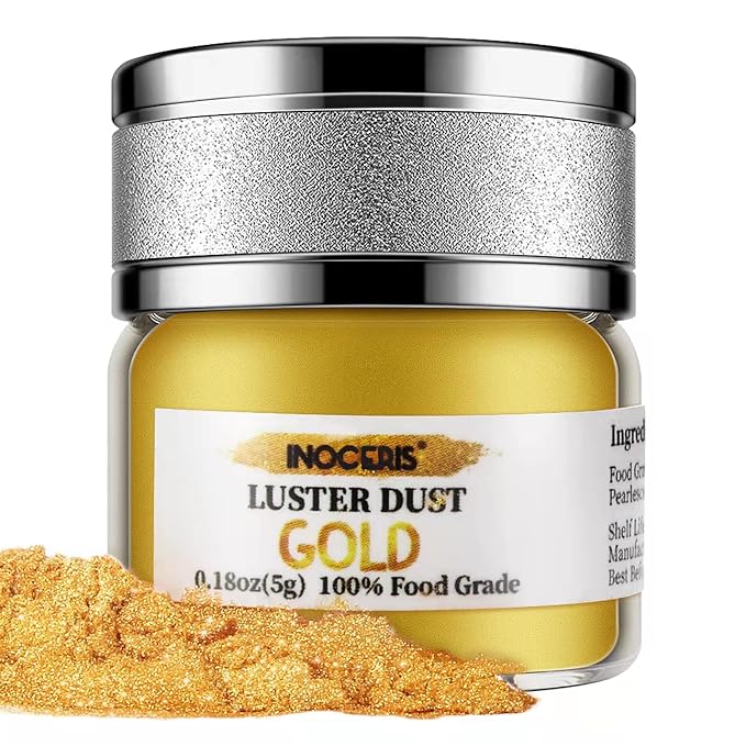 INOCERIS Edible Luster Dust, 5 Grams Food Grade Gold Cake Dust Shimmer Metallic Gold Food Coloring Powder for Cake Decorating, Baking, Fondant, Chocolate, Candy, Drinks, Cookies
