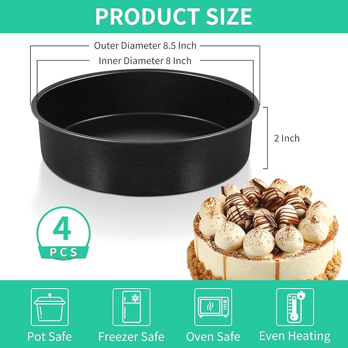 P&P CHEF Non-stick Cake Pan Set of 4, 8 Inch Round Baking Cake Pans Tins for Tier Smash Cakes, Non-Toxic & Solid, Stainless Steel Core & Leak-Proof, 4Pcs