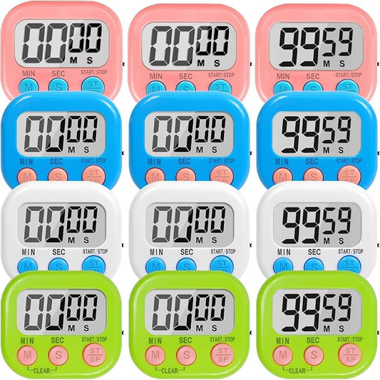 12 Pack Digital Kitchen Timers for Cooking, Loud Alarm Large LCD Display Magnetic Classroom Timers for Teachers Kids, Extensively Use in Classroom, Cooking, Meeting, Gym