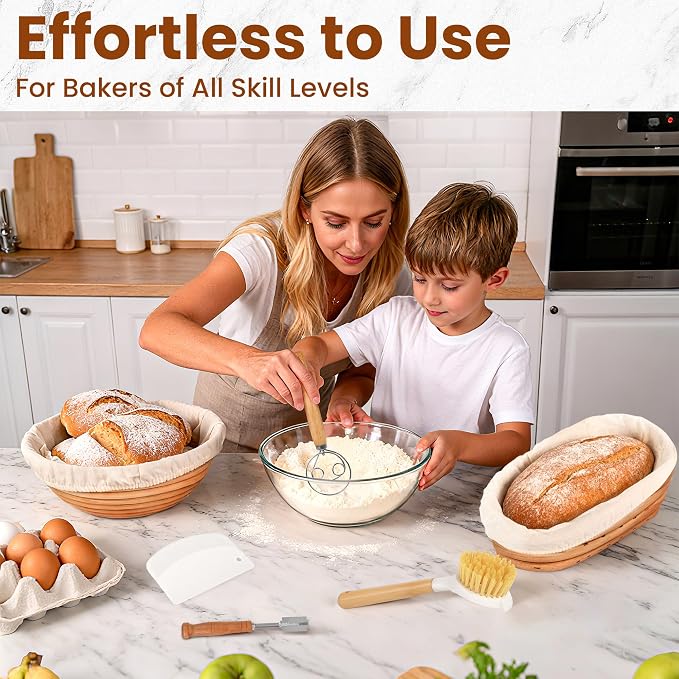 Nixta Bread Proofing Basket Set – 6-Piece Sourdough Bread Baking Kit with 9" Round & 10" Oval Banneton Baskets, Linen Liners, Danish Dough Whisk, Dough Scraper & 5 Stainless Steel Blades
