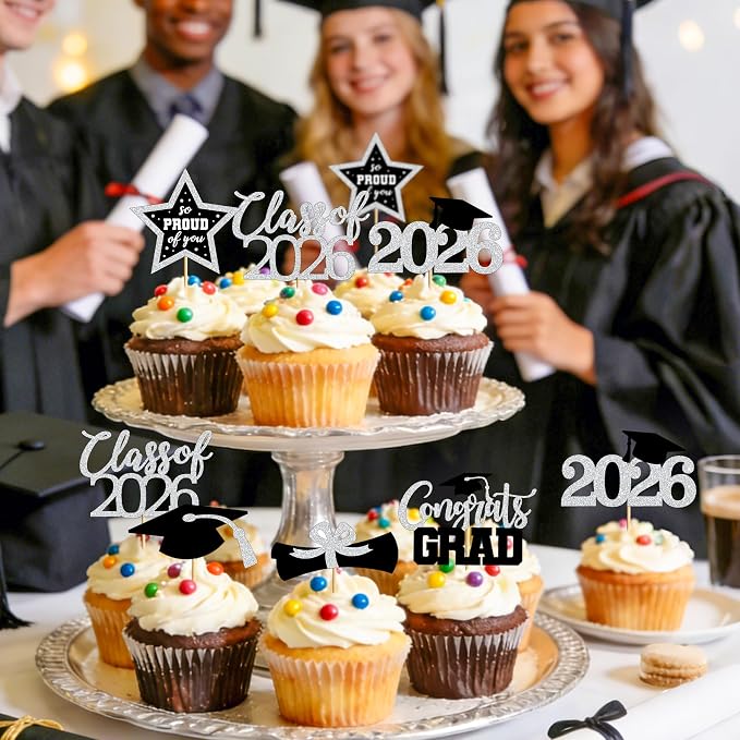 48 PCS Grad Cupcake Toppers, Congrats Graduation Cake Topper, Class of 2026 Black and Silver Graduation Decor, Glittery Cap and Diploma Cake Picks for Grad Party Decorations Supplies