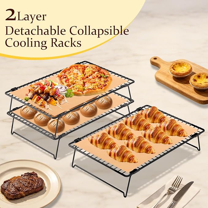 3Pcs Collapsible Cooling Rack for Cooking and Baking,13.4"x9.3" Wire Cookie Cooling Racks Baking Paper 50 Pcs,Bread Cooling Rack for Cooling for Cooking,Baking,Drying,Dishwasher Safe