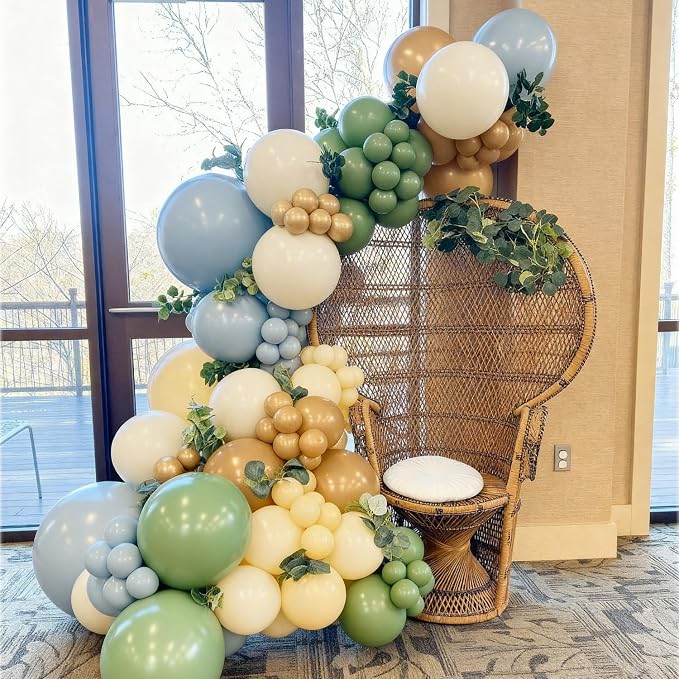 Blue Yellow Green Balloon Arch Kit, 139Pcs Dusty Blue Sage Green Yellow Gold Cream Balloons for Birthday Baby Shower for Boy Gender Reveal Party Decorations