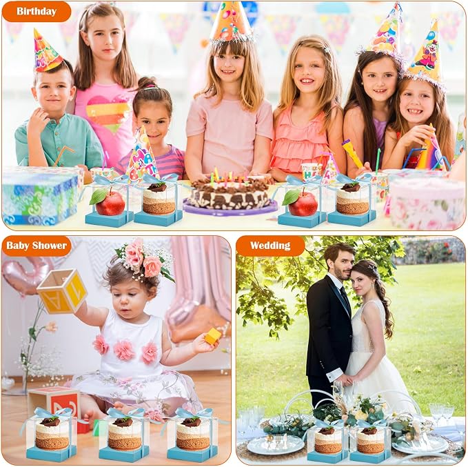12 Pack Clear Plastic Cupcake Boxes, 3.5 Inch Gold Single Cupcake Containers Disposable Individual Cup Cake Carrier Holder Boxes with Inserts and Ribbon (Blue)