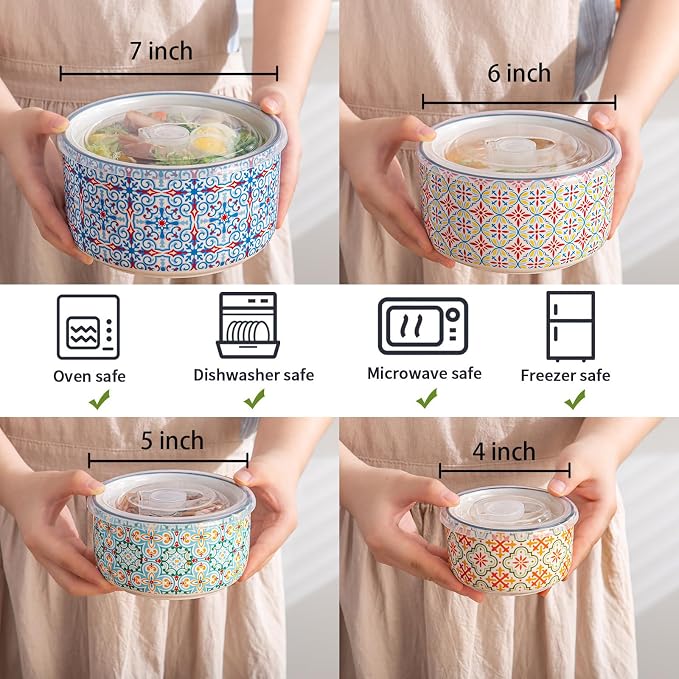 Ceramic Nesting Bowl Set with Lids, Microwave Safe, Set of 4 | Mixing Bowls & Food Storage Containers for Kitchen Prep & Serving (50/32/20/10 oz)