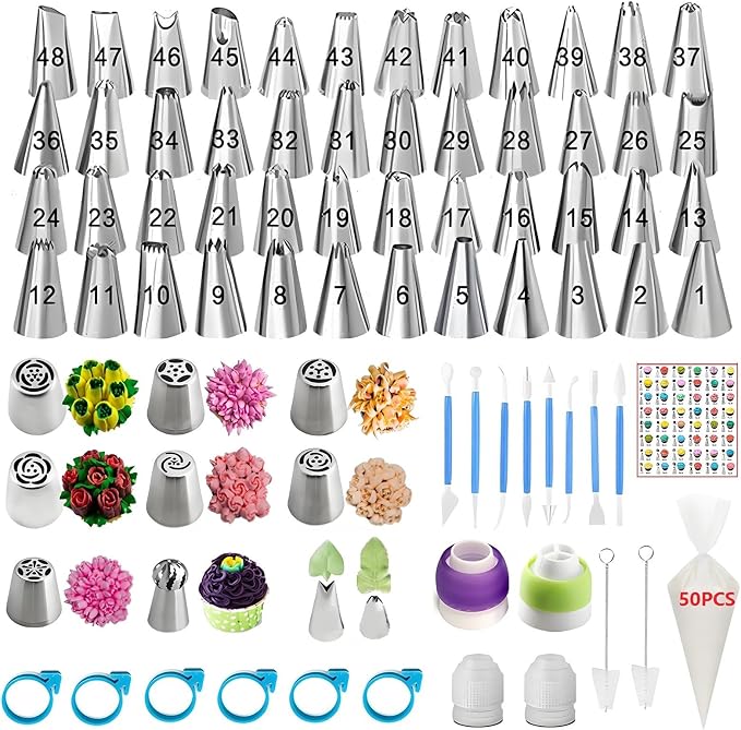 Piping Bags and Tips Set, 130 Pcs Baking Supplies | 48 Numbered Icing Tips, 7 Russian Tips, 1 Ball Tip, 2 Leaf Tips, 50 Pastry Bags & More for Cake Cupcake Decorating