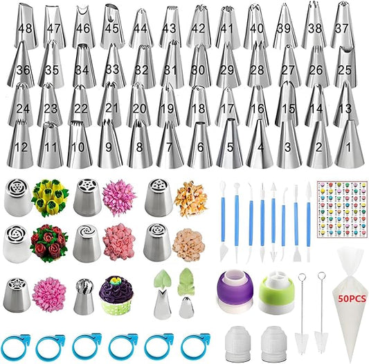 Piping Bags and Tips Set, 130 Pcs Baking Supplies | 48 Numbered Icing Tips, 7 Russian Tips, 1 Ball Tip, 2 Leaf Tips, 50 Pastry Bags & More for Cake Cupcake Decorating