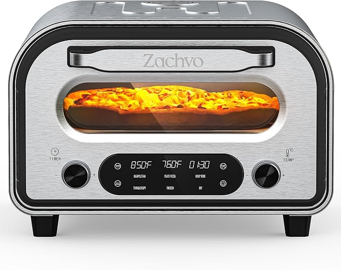 Countertop Electric Pizza Oven, 850°F, 6 Presets with DIY, Stainless | 90-Second 12 Inch Pizza, PID Top & Bottom Temp Control, Dual Knobs for Time & Temp, Always-On Light for Home Pizza Nights