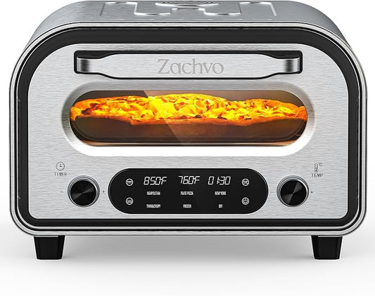 Countertop Electric Pizza Oven, 850°F, 6 Presets with DIY, Stainless | 90-Second 12 Inch Pizza, PID Top & Bottom Temp Control, Dual Knobs for Time & Temp, Always-On Light for Home Pizza Nights