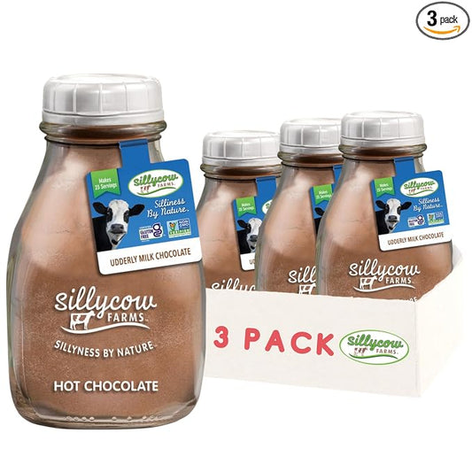 Sillycow Farms Hot Chocolate Mix Udderly Milk | Rich Hot Cocoa Delight | Gluten-Free, Non-GMO, Dairy-Free | Pure Cocoa and Vanilla Flavor | 16.9 Oz Reusable Glass Bottle - Pack of 3