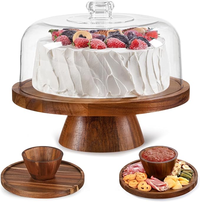 Farmyards Acacia Wood Cake Stand with Acrylic Dome Lid - 12in Acacia Wood 2-in-1 Footed Round Cake Holder, Cake Plate Display with Cover for Baking Gifts, Large Dessert Table Display Set & Charcuterie Board for Parties