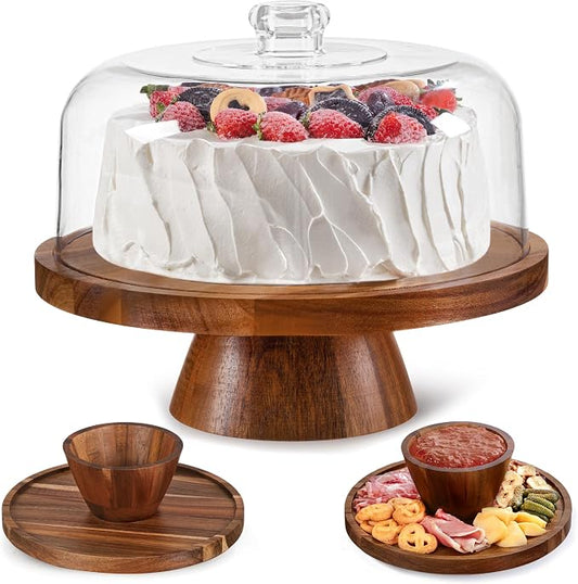 Farmyards Acacia Wood Cake Stand with Acrylic Dome Lid - 12in Acacia Wood 2-in-1 Footed Round Cake Holder, Cake Plate Display with Cover for Baking Gifts, Large Dessert Table Display Set & Charcuterie Board for Parties