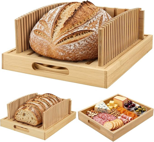 Bamboo Bread Slicing Guides with Adjustable Width, Bread Slicer Guide with Crumb Catcher & Serve Tray for Homemade Bread Cut