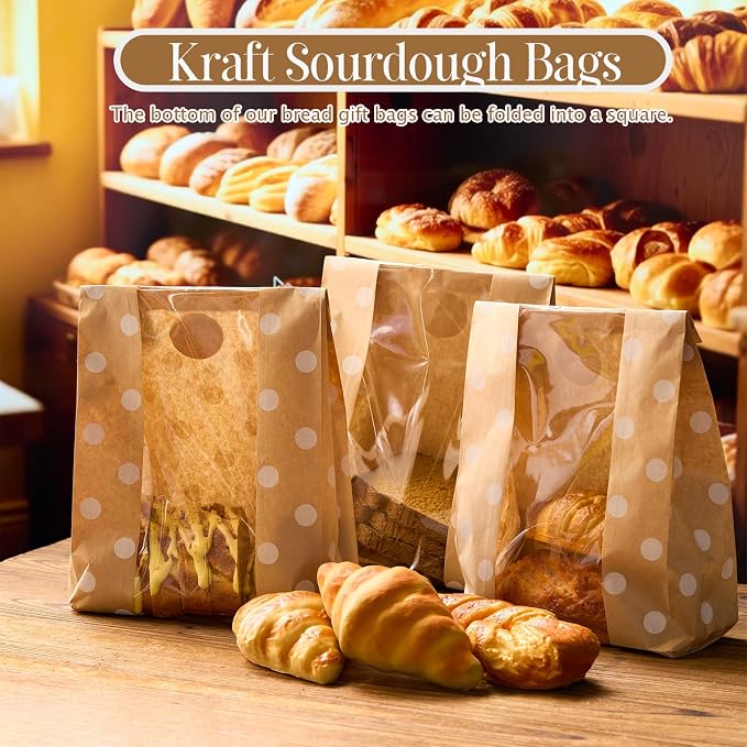 Feifeiya 100 Pack Kraft Paper Bread Bags for Homemade Sourdough Bread with Window & Stickers, 13.7x8.3 Large Bakery Bags for Loaves Greaseproof Food Packaging for Baking Gifts, Brown(Classic)