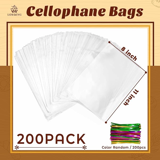 LOKQING Cellophane Bags Plastic Mothers Day Gift Bags Clear Cookie Treat Bags with Twist Ties for Party Favor, Graduation Gift Bags(200 Pack, 8x11inch)