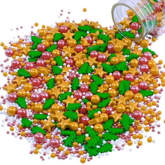 Morofme 3.5 oz Christmas Sprinkles Christmas Tree Sprinkle Holiday Sprinkle Cupcake Topper Mini White Red Pearl Mix Edible Golden Star Christma Candy Sprinkles for Dessert Cake Toppers Cookie
