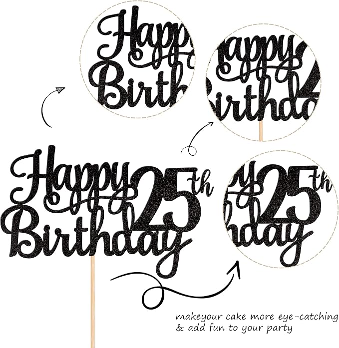 1 PCS Happy 25th Birthday Cake Topper Glitter Cheers to 25 Years Birthday Cake Pick 25 Fabulous Cake Decoration for Happy 25th Birthday Theme Party Decorations Supplies Black