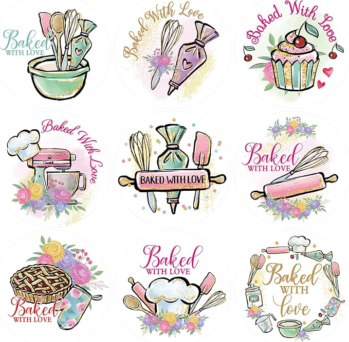 WorldBazaar Baked with Love Stickers 500pcs Floral Homemade with Love Stickers Cookies Packaging Stickers for Bakery Box Birthday Wedding Baby Shower Christmas Small Business Supplies