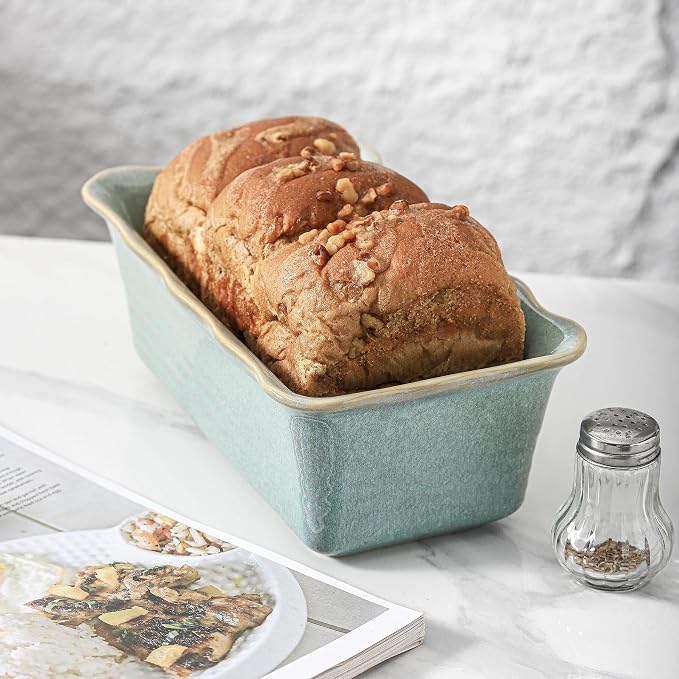 HVH Ceramic Loaf Pan for Baking Bread, Rectangular Baking Bread Loaf Pan, 9 x 5 inch Bread Pan, Bread Baking Pan for Cooking, Wave Series, Farmhouse Style (Turquoise)