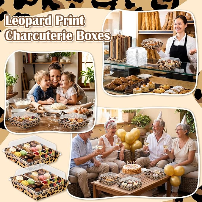 Potchen 50 Pack Bakery Boxes with Clear Lids, Disposable Charcuterie Treat Boxes for Cookies, Donuts, Cupcakes, Candy and Mini Cakes, Party Favor for Wedding and Gift Giving(Leopard Print)