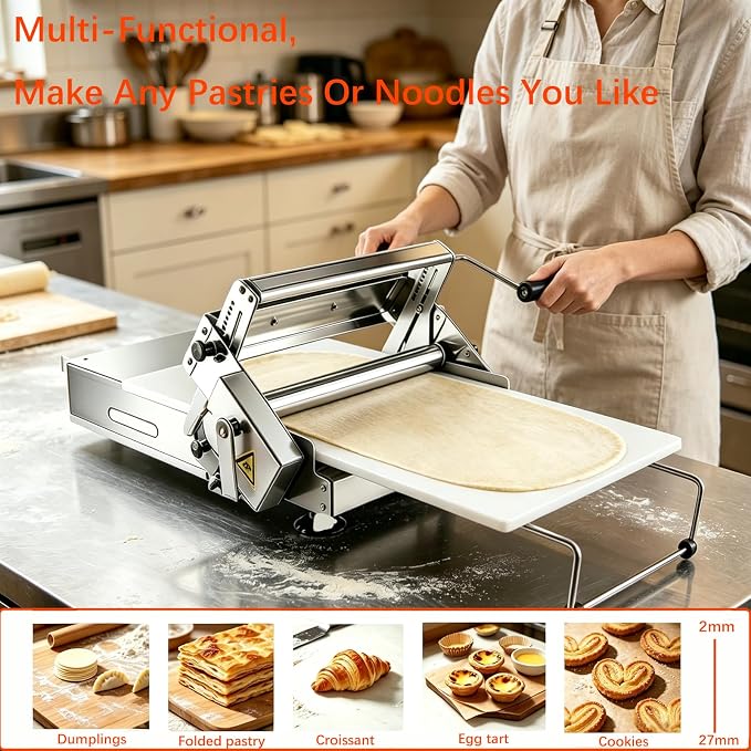 Folding Dough Sheeter, Manual Dough Rolling Machine, Adjustable Thickness, Stainless Steel Manual Dough Sheeter for Croissants, Pizza, Pastry, Home & Commercial (15.5in) | Adjustable Thickness