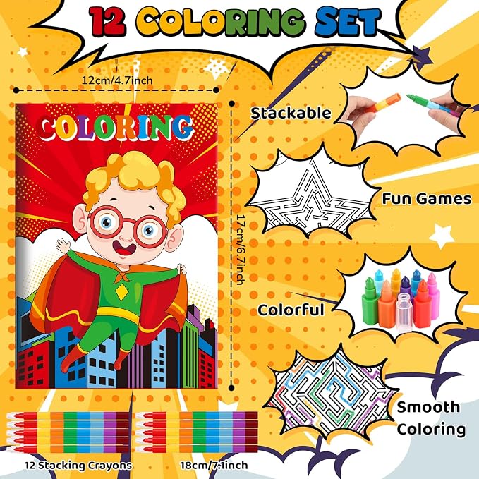 BenLouis 12 Hero Mini Coloring Books Kids with 12 Stacking Crayons Hero Party Favors Small Activity Books Bulk for Kids Hero Party Gift Goodie Bag Stuffers
