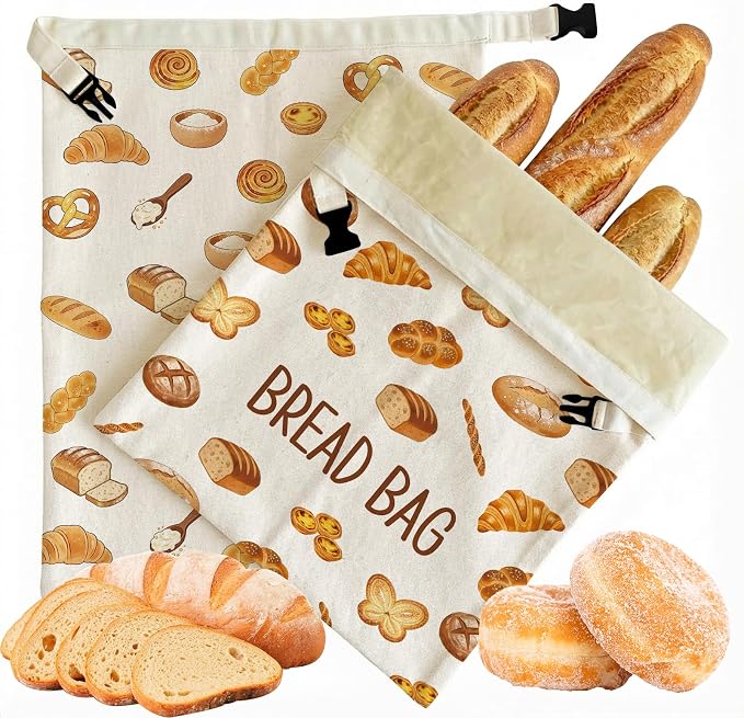 2 Pack Beeswax Bread Bags for Homemade Sourdough, 17x13 Inch Reusable Linen Beeswax Bread Bag with Buckle to Keeps Bread Freshness for Food Storage(Bread Theme)