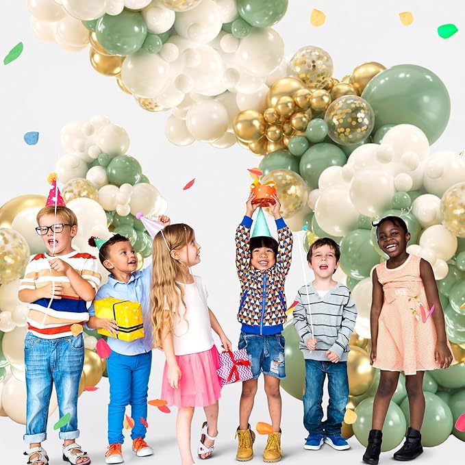 136pcs Sage Green Gold White Balloons Garland Arch kit, 18 12 10 5 Inch Olive Green Gold Confetti Latex Balloons Arch For Birthday, Baby Bridal Shower Engagement Wedding Party Decoration