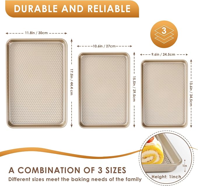 Baking Sheet Pan Set of 3, Nonstick Carbon Steel Cookie Sheets with Texture | Commercial Half/Quarter/Jelly Roll Pans Replacement Toaster Oven Tray, Heavy Duty & Easy Clean, Champagne Gold