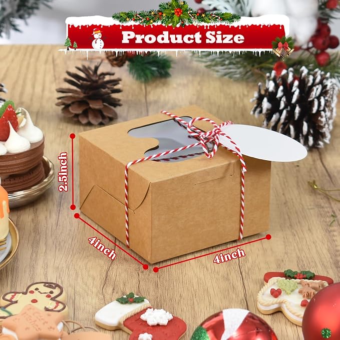 COTOPHER 18Pcs Christmas Cookie Boxes with Window, 4x4x2.5 inch Brown Bakery Boxes for Gift Giving, Mini Cake Boxes Holiday Pastries Boxes for Cakes Muffins Donuts Chocolate Strawberries