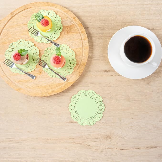 Pastry Tek 4 x 4 Inch Paper Lace Doilies, 4000 Disposable Table Doilies - Elegant Lace Finish, Long Lasting, Green Paper Doily, for Pastries, Cupcakes, Desserts - Restaurantware