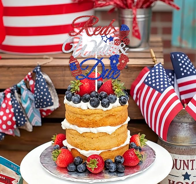 Red White & Due Cake Topper, 4th of July Baby Shower Cake Decor, A Little Firecracker is on the Way, American Independence Day Patriotic Gender Reveal Decorations Supplies for Boys Girls