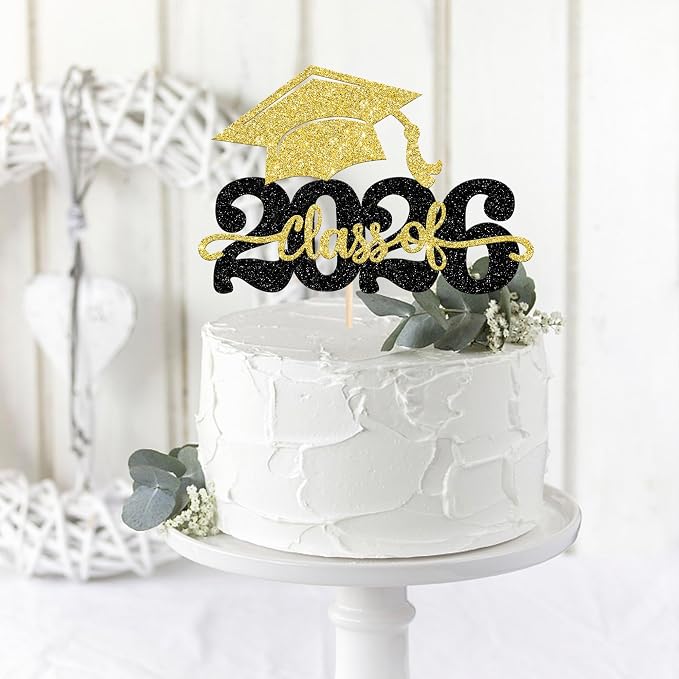 1 Pack Class of 2025 Cake Topper Glitter Congrats Grad Cap 2025 Graduation Cake Pick for 2025 Graduation Theme High School Boys Girls Graduate Party Cake Decorations Supplies Black Gold