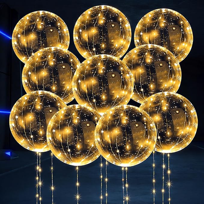 LED Light Up Balloons 10 Pack – 20" Transparent Glow Balloons Light Up with LED String Lights & Switch, Easy Air or Helium Use for Special Events, Weddings, Party Decorations & Festive Nights
