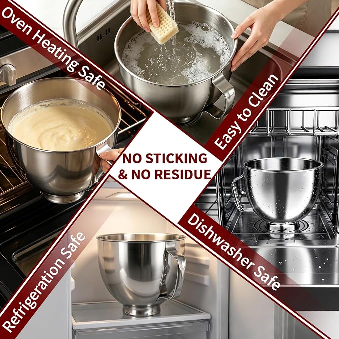 5QT Mixing Bowl for KitchenAid Stand Mixers, Compatible with Kitchen Aid 4.5-5 Qt Tilt-Head Stand Mixer, Food-Grade Stainless Steel Mixing Bowl with Handle & Clasp for Baking, Cooking & Dough Mixing