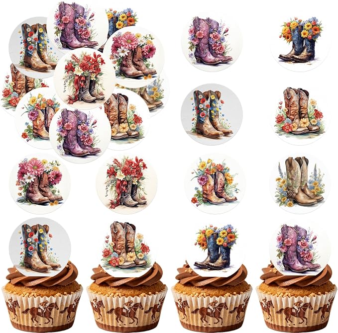 36PCS Edible Floral Horse Boots Cupcake Toppers Wafer Paper Pop-up Derby Horse Racing Cake Picks Edible Rodeo Western Boots Cupcake Toppers for Jockeys Equestrian Theme Supplies