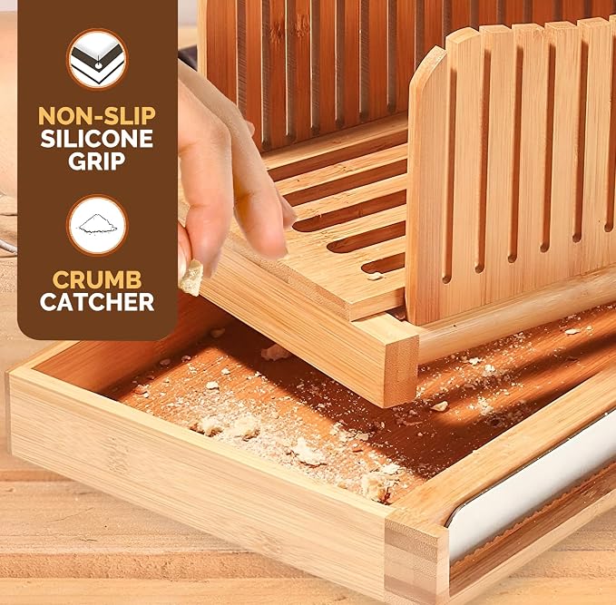 Personalized Bread Slicer with Bread Knife - Engraved Bamboo Bread Loaf Slicer for Homemade Sourdough, 3 Slice Thickness, Foldable Cutting Guide with Crumb Tray for Bagels & Cake, Customized Gifts