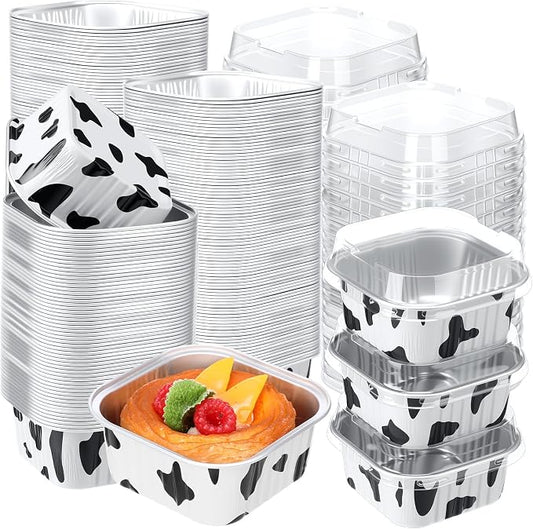 200 Pack 5 oz Cow Print Mini Cake Pans with Lid, Black White Cow Party Favors Supplies, Square Aluminum Foil Mini Baking Tins, Disposable Cupcake Dessert Cups for Wedding Birthday Baby Shower