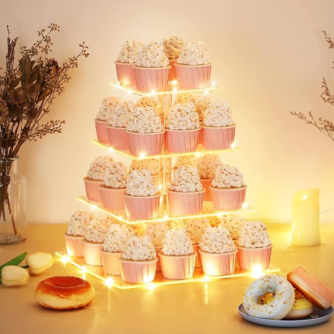 Suneerplay 4 Tier Cupcake Stand with LED String Light, Acrylic Cupcake Display Stand, Square Cupcake Tower Holder, Cup Cake Stand for Birthday, Wedding, Baby Shower, Party