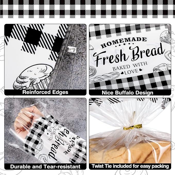 Containlol 50 Pack Bread Bags for Homemade Bread with Twist Ties, Clear Plastic Bakery Bags with Black Buffalo Plaid Design for Sourdough, Cookies, Rolls, Home Bakers Gift Packaging