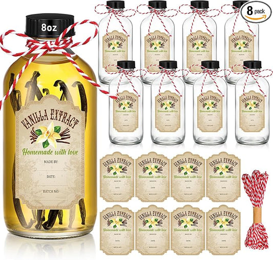 Uiifan 8 Pcs 8 oz Vanilla Extract Bottles Boston Round Bottles with Caps Glass Bottle and 8 Pcs Vanilla Extract Labels Stickers for Syrup Gift Glass Food Storage Canister Set Sauce Beans