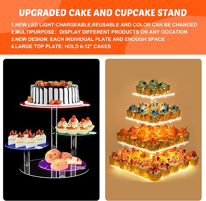 Cake Stand with Rechargable LED Light, Round Light Up Cupcake Stand, Cupcakes and Cakes Comb for 8-12 Inch Cakes, Tiered Cake Tree Tower, Clear Dessert Display Stand for Wedding Birthday Party