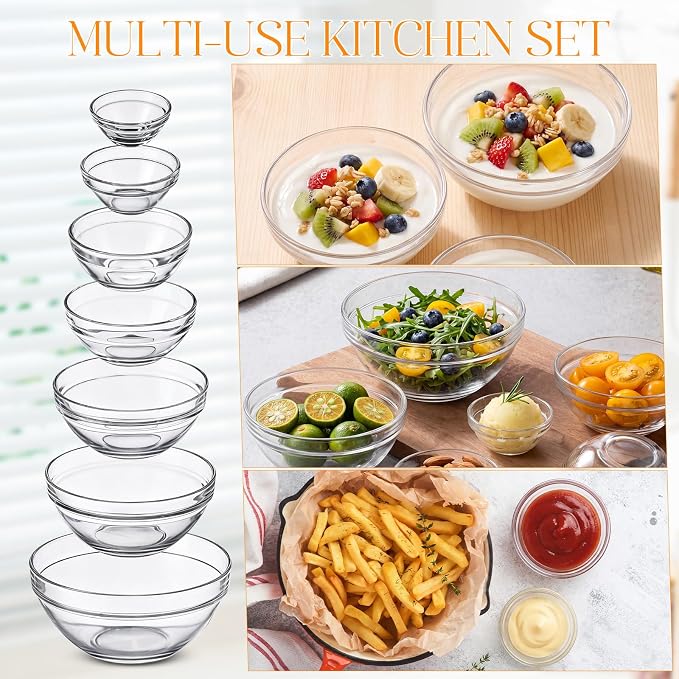 Sawysine 14 Pcs Glass Prep Bowl Sets Clear Small Pinch Bowls Salt Spices Ingredients Serving Bowl Stackable for Kitchen Prep Cooking Dishwasher Safe (1.35oz/2.37oz/4.73oz/8.45oz /12.85oz/20.29oz/37oz)