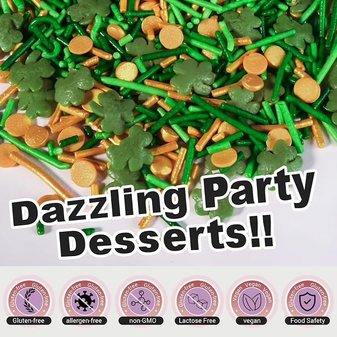 HUEBEATY 6-in-1 St. Patrick’s Day Sprinkles for Cake Decorating – 180g Green & Gold Shamrock Sprinkles Mix with Nonpareils, Jimmies & Sanding Sugar – Edible Green Sprinkles for Cupcakes, Cookies & Spring Desserts