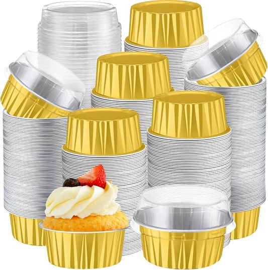 Gejoy 500 Pcs Aluminum Foil Baking Cups with Lids 5 oz Disposable Ramekins Mini Cake Pans Creme Brulee Cupcake Liners Muffin Dessert Container for Wedding Birthday Party (Classic,Gold Color)