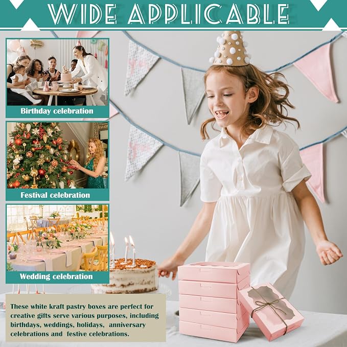 40 Pack Cookie Boxes with Clear Window, 7 x 4 3/8 x 1½ Inch Small Pink Kraft Candy Boxes Premium Pastry Boxes with Tags Ropes for Cookie Packaging, Dessert, Donuts, Pie, Cupcakes, Parties