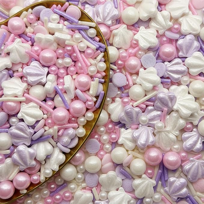 CandiJumpin Under The Sea Sprinkles, Edible Seashells for Cake Decorating Ocean Themed Cake Decorations White Seashells and Pearls Sugar Decorations Baby Shower Party Birthday Wedding Christmas Supplies 3 OZ