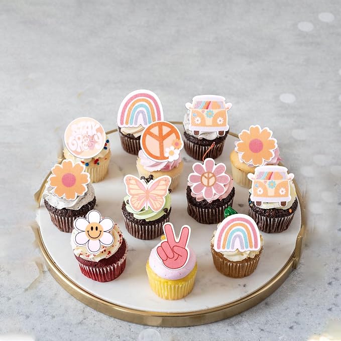 63 PCS Edible Hippie Party Cupcake Toppers Peace Sign Hand Butterfly Two Groovy Cupcake Picks Dasiy 60s Retro Boho Cake Decorations for Hippie Two Groovy Carnival Theme Birthday Party Supplies