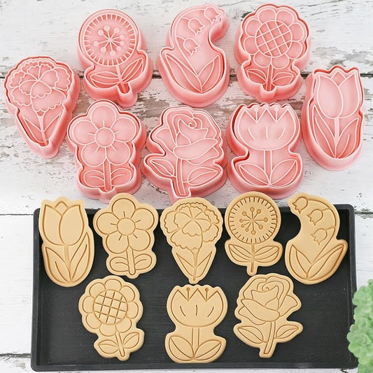 8 Flower Cookie Cutter, 3D Spring Floral Cookie Cutters with Lily of the Valley, Sunflower, Carnation,Tulip,Rose Shapes, Homemake Baking Tools for Mother's Day, Valentine, Holiday DIY Cookies (Flower)