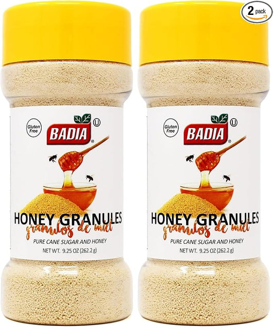 Badia Honey Granules, 9.25 oz – Natural Honey & Cane Sugar Sweetener for Baking, Coffee, Tea & Everyday Recipes - Kosher, Gluten Free, MSG Free (Pack of 2)